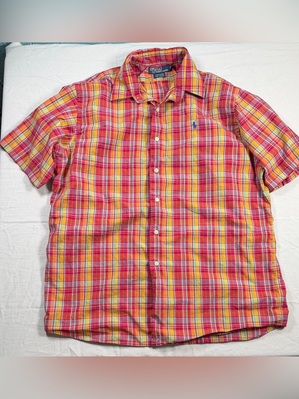 Ralph Lauren Men's Pink and Yellow Plaid Short-Sleeve Button-Down Shirt